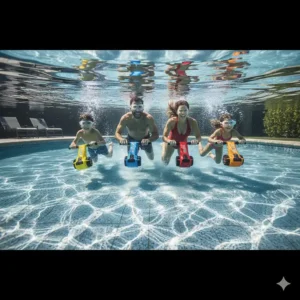 A family enjoying fun aquatic games and racing in the pool using their new, easy-to-maneuver pool scooter device.