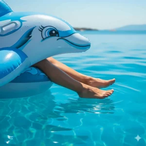A person's feet are dangling in the water from a comfortable inflatable dolphin float.