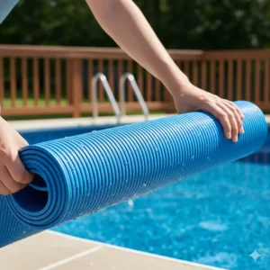 The flexible pool ladder mat rolled up for easy seasonal storage, showing its pliable, quality material.