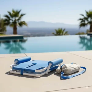An image demonstrating how a floating pool chair folds compactly for easy storage and transport.