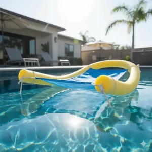 A DIY mesh sling-style chair that floats, constructed with foam noodles for easy relaxation.