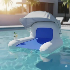 Diagram of a floating pool chair with an adjustable sun canopy for shade and UV protection.