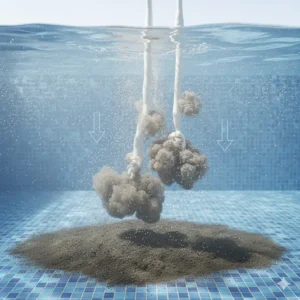 A graphic illustration showing how flocculant works in a pool, clumping together small particles into larger, heavier masses that sink.