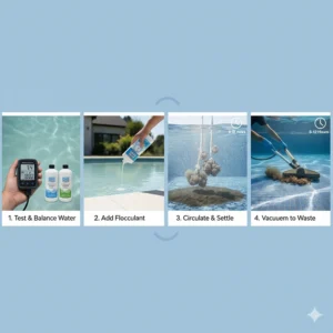 A step-by-step diagram illustrating the proper process for applying flocculant to a cloudy swimming pool.