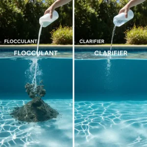 A side-by-side comparison of flocculant and clarifier, highlighting the different ways they clear a cloudy pool.