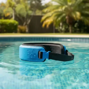 An aqua jogger flotation belt floating in the water, providing buoyancy for deep water exercise.