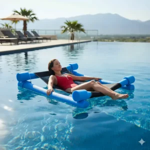 An innovative floating chair made from thick, buoyant foam noodles supporting a comfortable mesh seat.