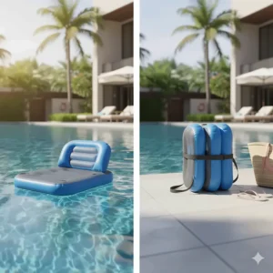A compact, folding pool float seat shown in both its open and folded states, emphasizing its portability and ease of storage.