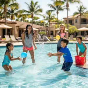 Children near the shallow end of the pool attempting a water balloon toss, a popular and messy swimming pool game.