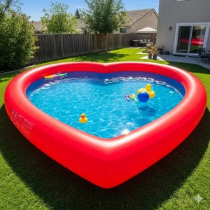 A giant, red inflatable heart pool filled with water in a backyard.