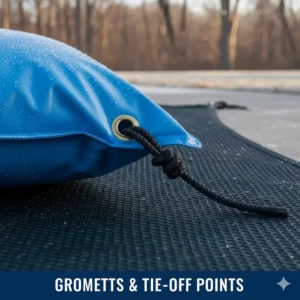 Close-up of the reinforced grommets on pool pillows used to tie ropes for securing the pillow in the center of the pool before covering.