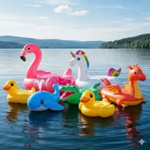 A collection of various inflatable ride-on pool toys, including animals and mythical creatures, grouped together on a calm lake.