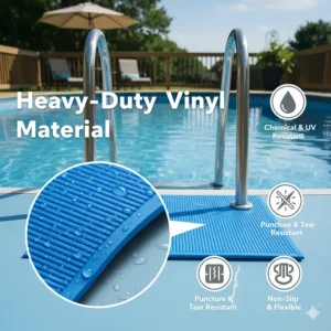 Infographic highlighting the heavy-duty vinyl material of the pool ladder mat that resists chemicals and tears.