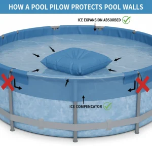 Diagram illustrating how a pool pillow redirects ice expansion pressure inward, preventing damage to pool walls and liner during winter.