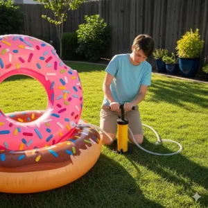 A person using an air pump to quickly inflate a large donut inflatable pool, showing how easy it is to set up for backyard use.