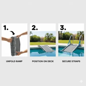 A simple, step-by-step diagram illustrating the easy installation process of a new doggie ramp for your backyard swimming pool.