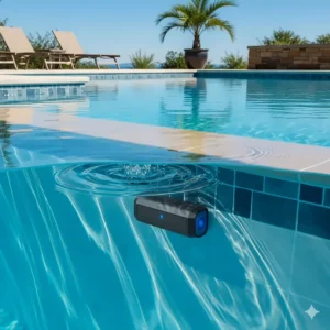 An in-ground pool equipped with a submerged pool alarm sensor that detects entry into the water.