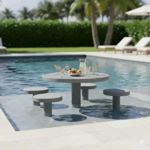 Full in-pool table and stool set, transforming the swimming pool into a perfect outdoor social and dining area.