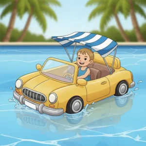 An innovative inflatable car pool float featuring a built-in sun canopy for shade, designed for toddlers.