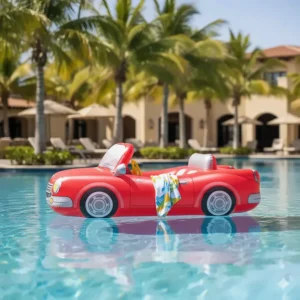 A colorful inflatable car pool float shaped like a classic red convertible, floating in a sunny blue swimming pool with palm trees in the background.