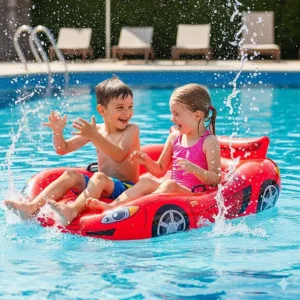 Two happy children splashing in a pool while sitting on a novelty inflatable car pool float designed for kids.