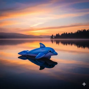 An inflatable dolphin pool float is floating on the calm surface of a lake.