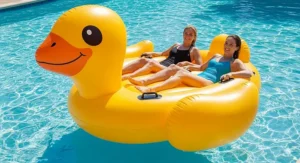 A durable, inflatable duck float for adults, designed to hold multiple riders comfortably.