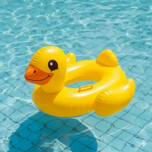 A small inflatable duck float, perfect for kids to use safely in a shallow pool or lake.