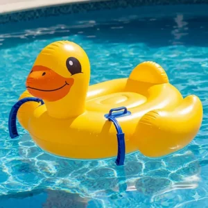 An inflatable duck float featuring built-in handles for easy gripping and stability while in the water.