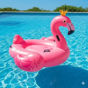 A vibrant pink inflatable flamingo ride-on pool toy floating in a clear blue swimming pool under the sun.