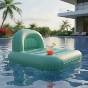 A detailed shot of an inflatable float seat featuring an ergonomic backrest for comfortable poolside lounging.