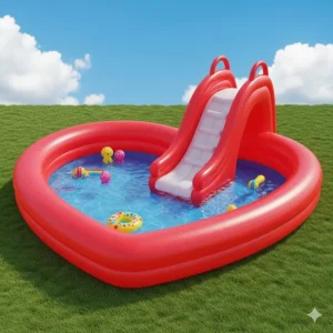 An inflatable heart-shaped pool featuring a built-in slide for kids.