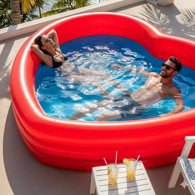 A beautiful heart-shaped inflatable pool with two people relaxing inside on a sunny day.