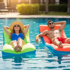 A couple enjoying the sun while relaxing on two separate inflatable lounge chairs in a pool.