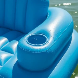 A close-up shot of the convenient built-in drink holder on an inflatable floating chair.
