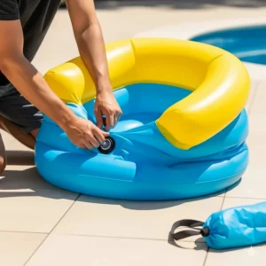 A person deflating an inflatable pool chair, demonstrating its compact storage.