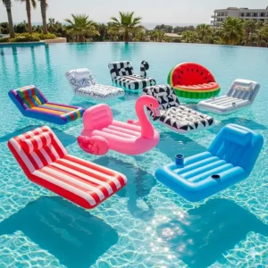 A collection of different colors and styles of inflatable lounge pool chairs.