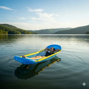 A variety of colorful inflatable pool hammocks floating together in a swimming pool.