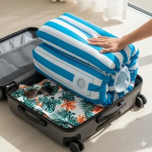 An inflatable pool hammock float being used in a calm lake setting.