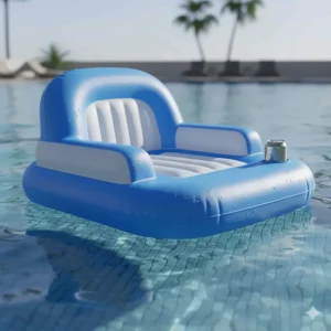 A close-up shot of a durable, inflatable floating pool chair with a headrest and cup holder.