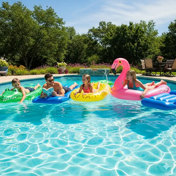 A family relaxing on vibrant inflatable pool mats in a sparkling backyard swimming pool, enjoying a sunny day.