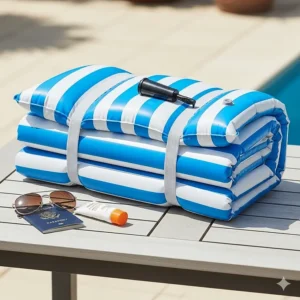 A neatly folded and compact inflatable pool mattress, showcasing its easy storage and portability for travel.