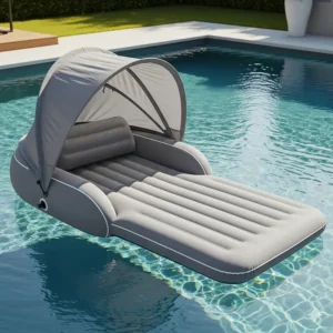 A premium inflatable pool mattress equipped with an attached sun canopy, providing shade and protection from UV rays.