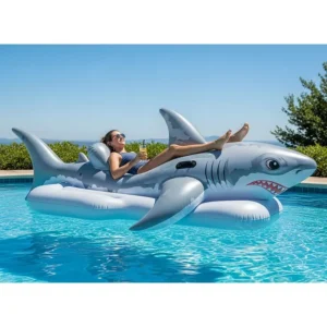 An adult relaxing with a drink on a giant, oversized inflatable shark pool float, demonstrating its use for lounging and a larger weight capacity.