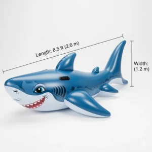 A product shot of an inflatable shark pool float with its dimensions labeled, showing its length and width for customer reference.