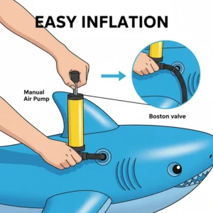 An illustration showing how to inflate the shark pool float using a manual air pump, with a close-up on the easy-to-use air valve.