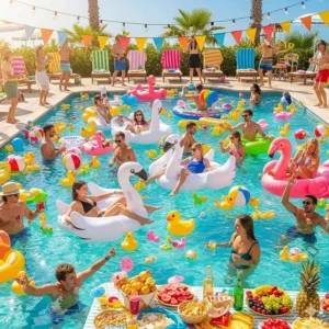 A festive pool party scene with multiple inflatable swan floats and other pool toys, creating a vibrant, fun atmosphere.