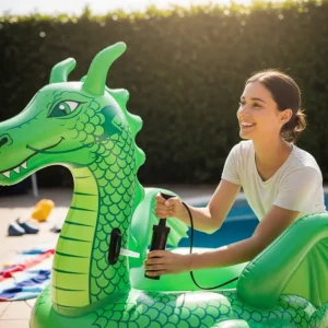 A person using an air pump to quickly inflate a large dragon pool float, showing how easy it is to prepare for summer fun.