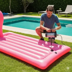 A user demonstrates how to quickly inflate a large inflatable pool mat with an easy-to-use electric pump.