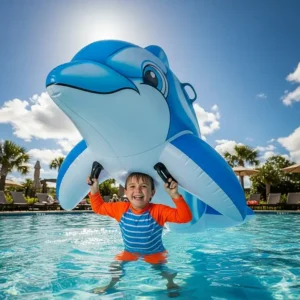 A kid is holding onto the sturdy handles of a giant inflatable dolphin pool float.